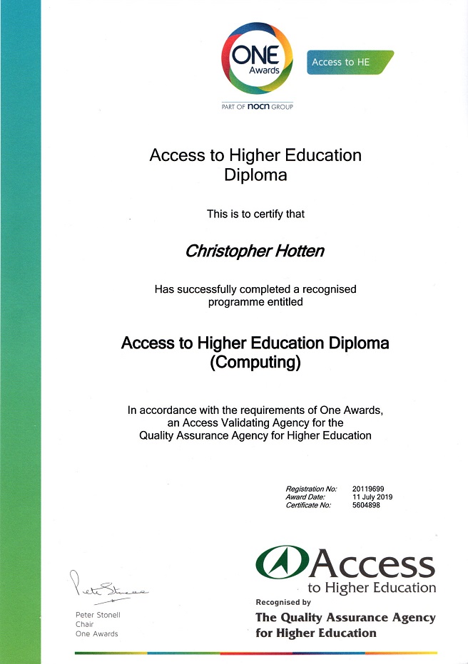 Scan of One Awards Diploma Certificate