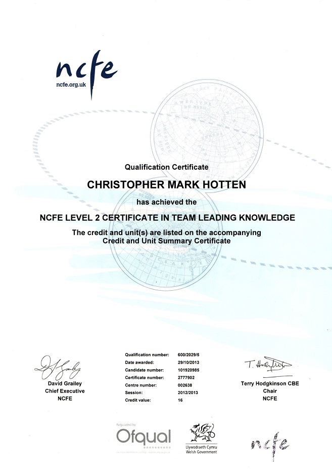 Scan of Level 2 Team Leading Certificate
