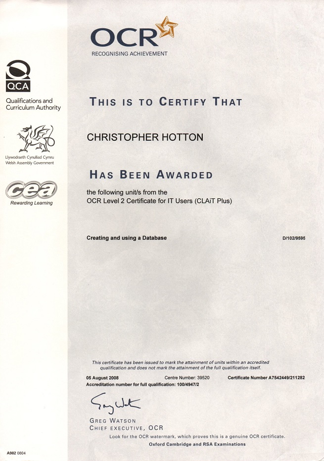 Scan of Level 2 Database Certificate