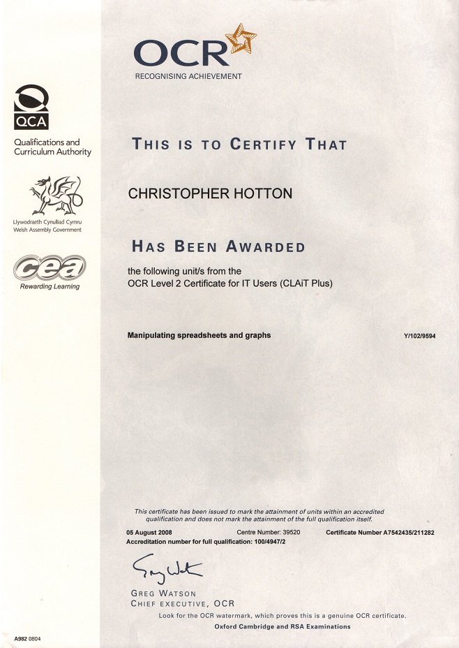 Scan of Level 2 Spreadsheets Certificate