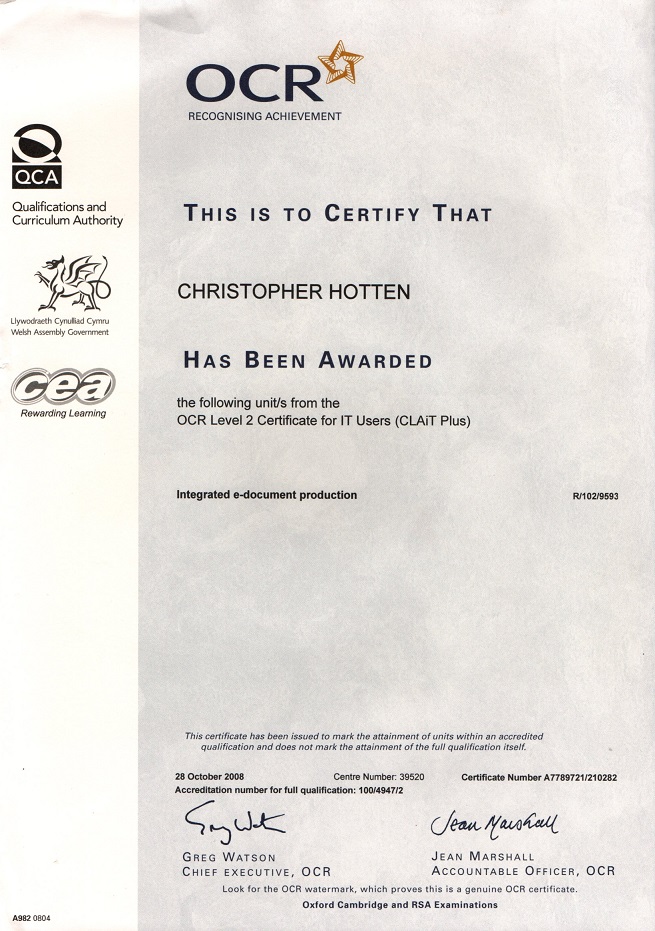 Scan of Level 2 MS Word Certificate